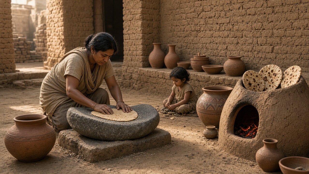 Harappan-era mud-brick courtyard where a woman grinds grain on a stone saddle quern beside a glowing round clay oven with flatbreads, terracotta pots and storage jars, and a child nearby