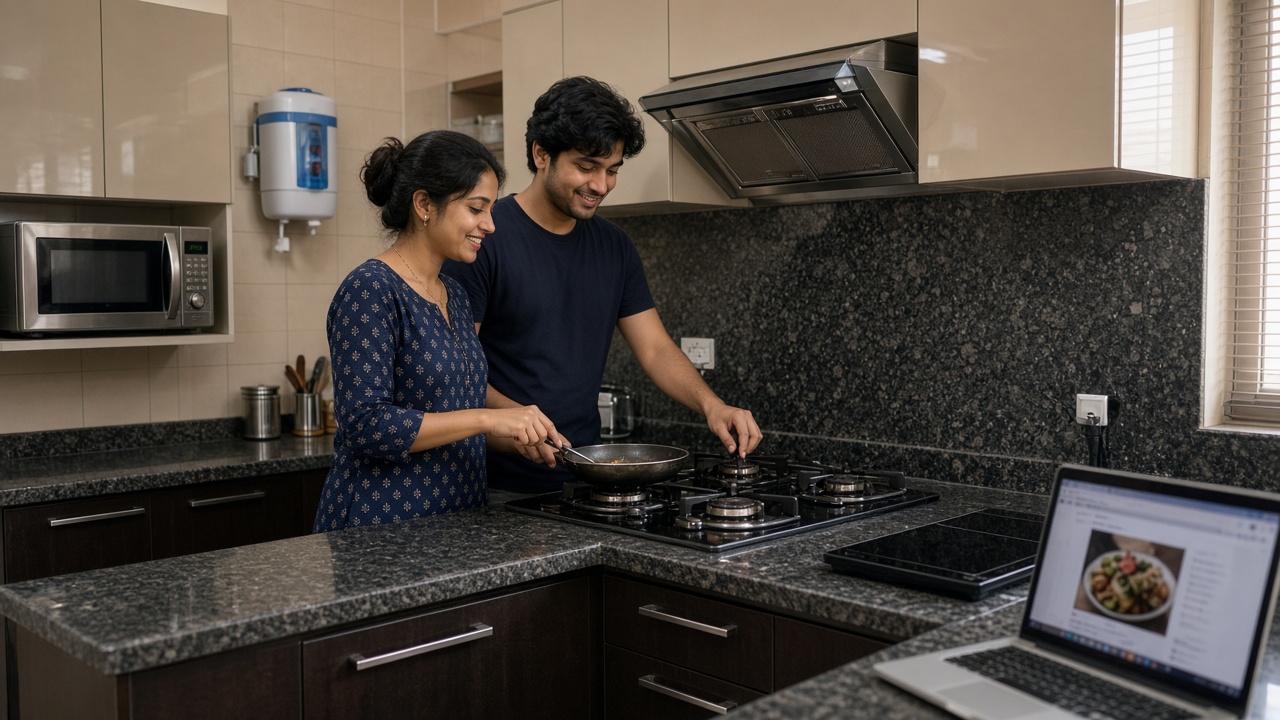 2000s urban Indian apartment modular kitchen with a granite L-shaped counter, glossy cabinets, an electric chimney over a glass-top gas hob, a microwave, a wall water purifier, an induction cooktop, and a young couple cooking with a recipe on a laptop