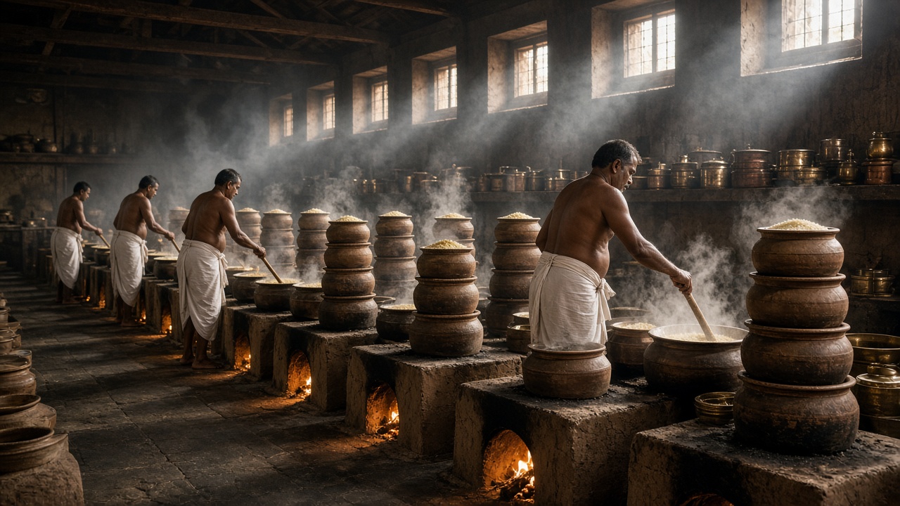 Large traditional temple kitchen with rows of wood-fired mud hearths topped by stacks of earthen pots, cooks in white dhotis stirring with long wooden ladles, smoke and shafts of light, and brass vessels on shelves
