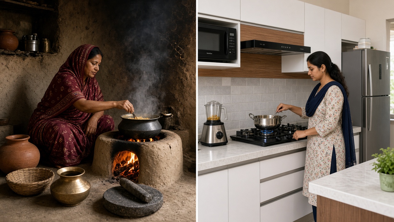 Split image with a traditional village kitchen on the left, where a woman in a sari cooks seated at a smoky mud chulha beside clay pots and a sil-batta, and a modern modular kitchen on the right, where a woman cooks standing at a gas hob with a chimney, microwave, fridge, and mixer-grinder