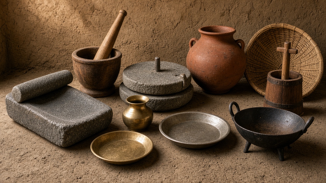 Traditional Indian kitchen tools on a mud floor: a stone sil-batta with roller, a wooden okhli mortar and pestle, a round stone hand chakki, an earthen matka, a bamboo winnowing supa, a wooden butter churn, brass and bell-metal plates, a brass lota, and a cast-iron kadai