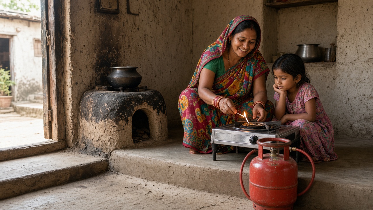 Smiling rural woman in a colourful sari lighting a new single-burner LPG stove with a red cylinder on a clean platform in a village home, an old smoke-blackened mud chulha in the corner, and her daughter watching