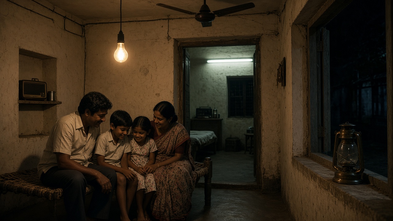 1970s small-town home at night with a bare yellow incandescent bulb hanging over a family sitting on a cot, a white tube light in the next room, a ceiling fan, a transistor radio on a shelf, and a kerosene lantern ready on the windowsill