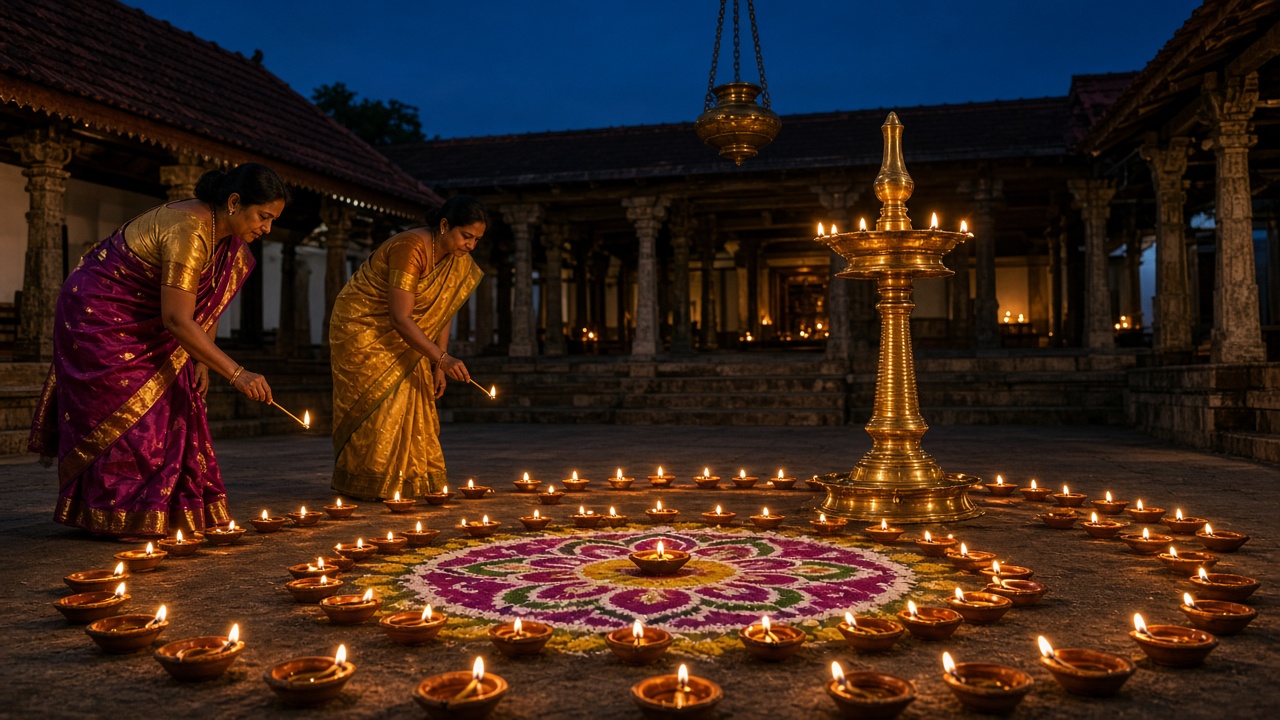 Temple courtyard at dusk during Deepavali with hundreds of clay diyas arranged around a colourful rangoli, a tall brass Kerala nilavilakku with several flames, a hanging brass lamp, and two women in silk saris lighting more diyas