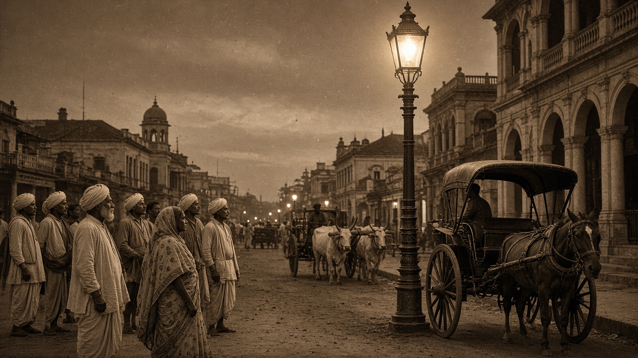 Sepia street scene around 1905 at dusk with a new cast-iron electric street lamp glowing, men in turbans and dhotis and a woman in a sari looking up at it, a horse-drawn carriage and bullock cart, and colonial buildings