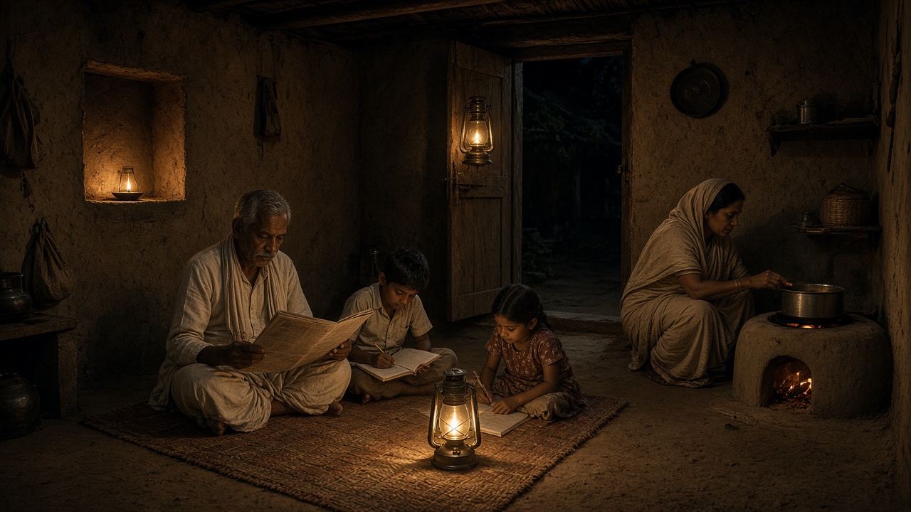 Village home at night in the 1950s where a grandfather reads a paper, two children do homework on a mat beside a hurricane lantern, a small wick lamp glows in a wall niche, another lantern hangs by the door, and the mother cooks at a mud chulha