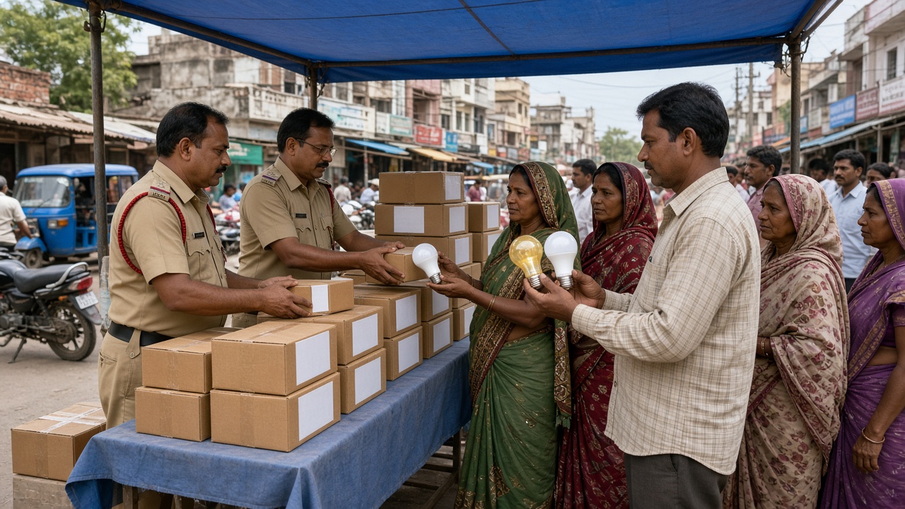 Roadside stall under a blue canopy where officials hand out boxes of LED bulbs to a queue of men and women, while a man holds an old yellow incandescent bulb beside a new white LED bulb to compare them