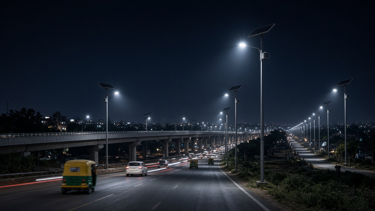 City road at night lit by bright white LED street lights on tall poles, some topped with small solar panels, with a flyover, auto-rickshaws and cars leaving light trails, and a village road in the distance lit by solar street lamps