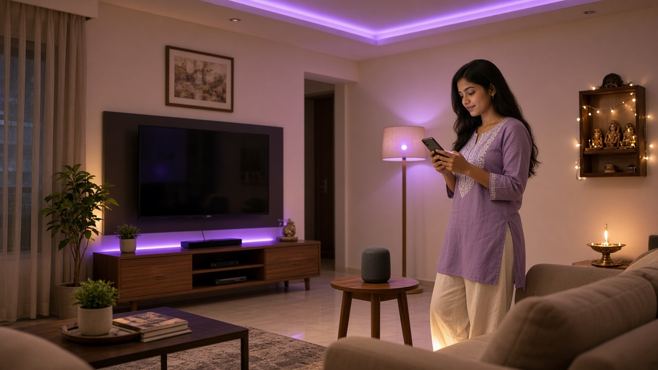 Modern Indian living room in the evening where a young woman changes smart ceiling and floor-lamp lights to soft purple with a smartphone app, with a smart speaker on a side table, LED strips behind the TV unit, and a lit brass diya and fairy lights at a small puja shelf