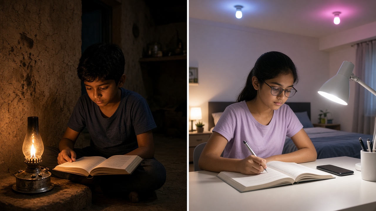 Split image with a boy studying by the flame of a small kerosene lamp in a dark mud-walled room on the left, and a girl studying at a desk under a white LED desk lamp with colourful smart bulbs in the ceiling on the right