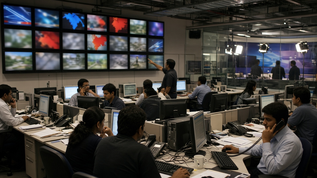Busy 24-hour television newsroom with rows of desks and computer monitors, journalists typing and on phones, a producer pointing at a wall of many TV screens showing news visuals and maps, and a brightly lit studio behind glass