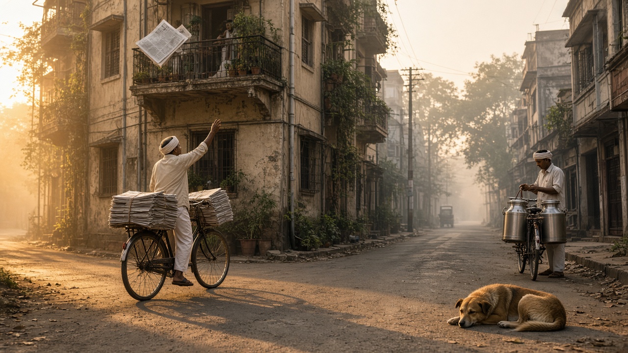 Misty dawn street of old apartment buildings where a newspaper hawker on a bicycle loaded with bundles of papers tosses a newspaper up to a first-floor balcony, while a milkman with steel cans stands by his bicycle and a stray dog sleeps on the road