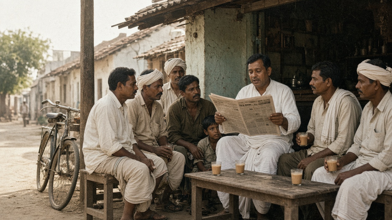 1950s small-town tea stall where a man in a white dhoti and kurta reads a newspaper aloud to attentive men in turbans sitting on wooden benches with glasses of tea, a boy peeking over a shoulder, and a bicycle leaning on a post