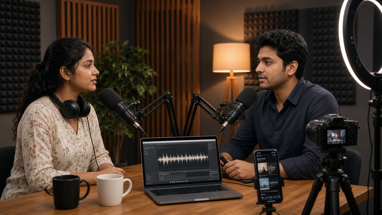 Podcast studio with acoustic foam panels where two young hosts, a woman in a kurta and a man in a dark shirt, talk into microphones on boom arms, with a laptop showing an audio waveform, a camera on a tripod, a ring light, and a phone showing a social feed