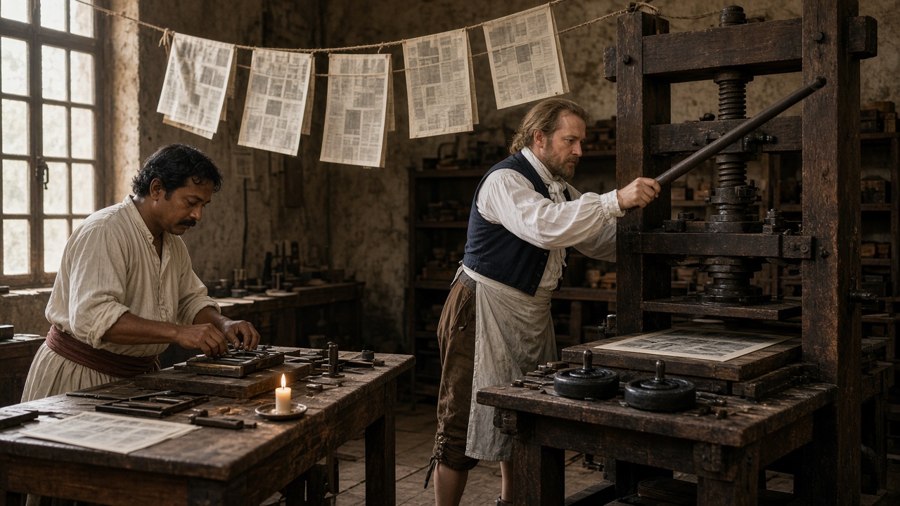 Late-1700s printing workshop where an Indian typesetter arranges metal type at a wooden bench by candlelight while a European printer pulls the lever of a wooden hand press, with freshly printed newspaper sheets hanging on strings to dry