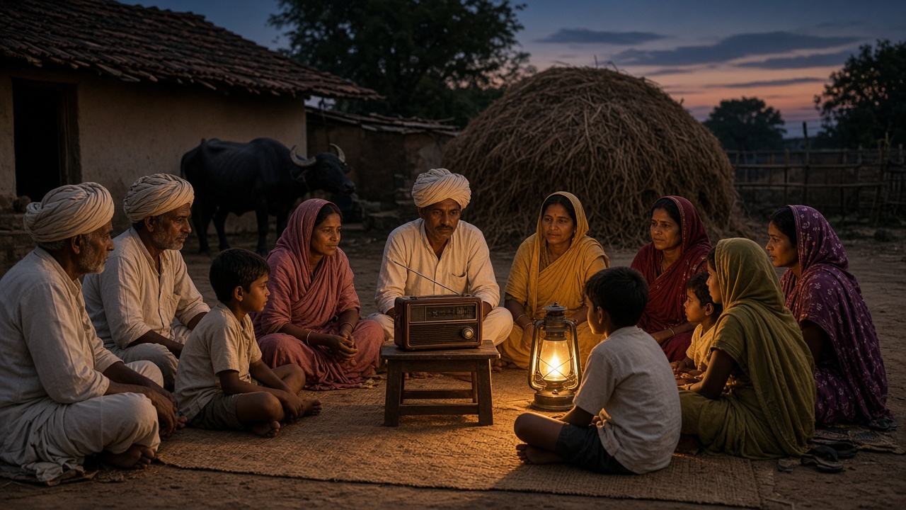 Village courtyard at dusk where farmers in turbans, women in saris, and children sit on a mat around a transistor radio on a small stool beside a glowing lantern, listening to the evening news, with a buffalo and a haystack behind them