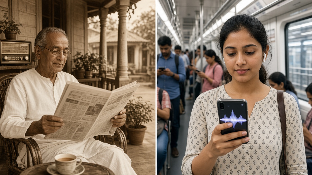 Split image with an elderly man in a white kurta reading a broadsheet newspaper with tea on a verandah beside an old valve radio on the left, and a young woman with wireless earbuds listening to a news podcast on her smartphone in a crowded metro train on the right
