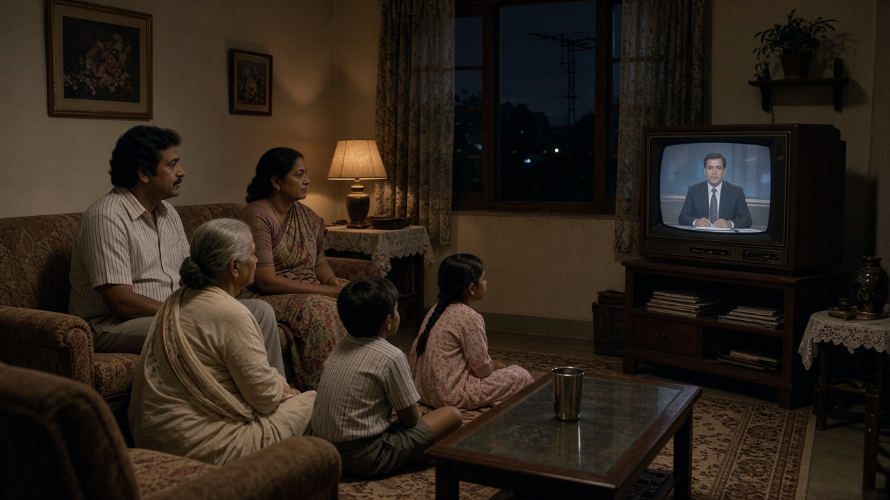 1980s living room at night where parents, a grandmother, and two children watch a news reader on a wooden-cabinet television, with a rooftop antenna visible through the window and a steel tumbler on the table