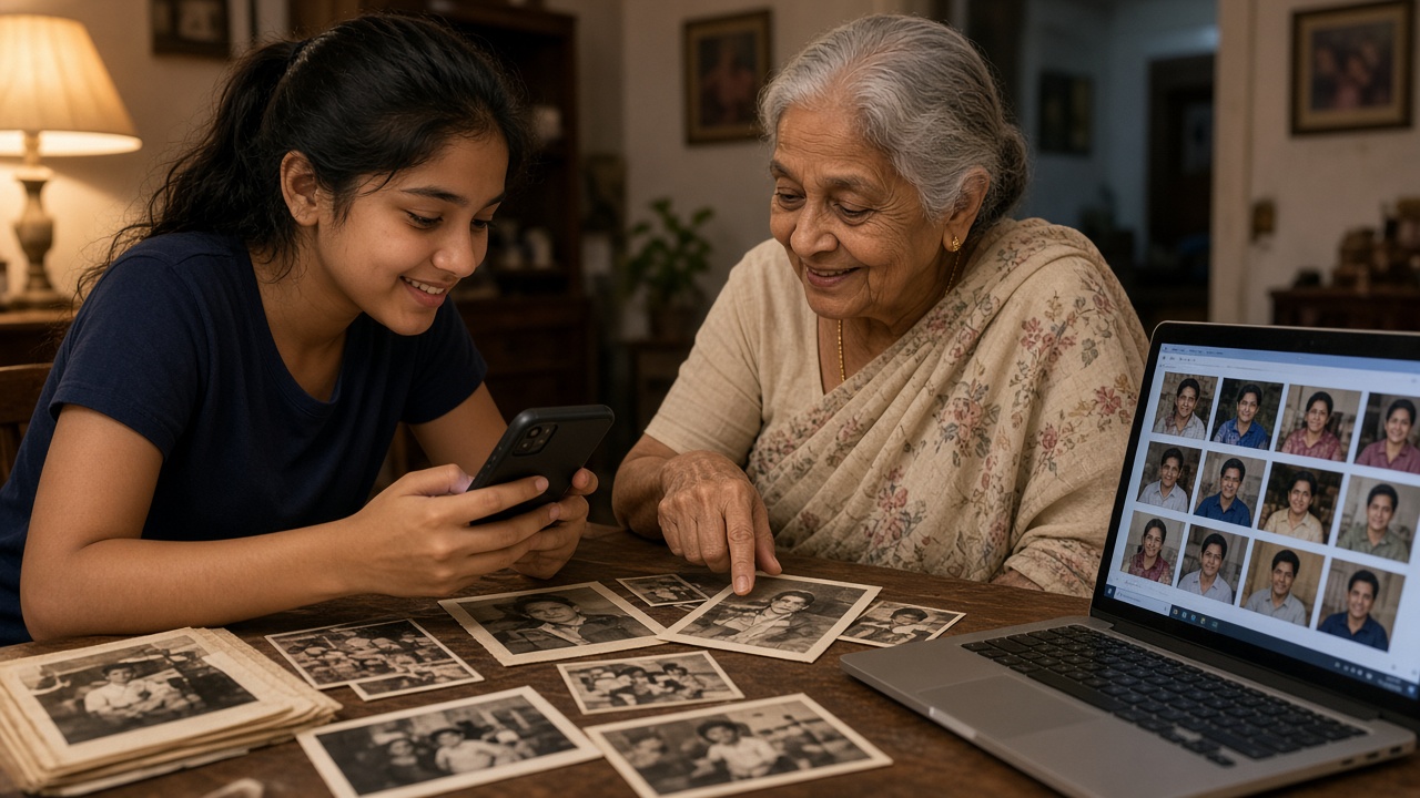 A teenage girl scanning faded black-and-white family photos with her smartphone at a table while her smiling grandmother points at one print, with a laptop beside them showing a grid of restored photos in a cloud library
