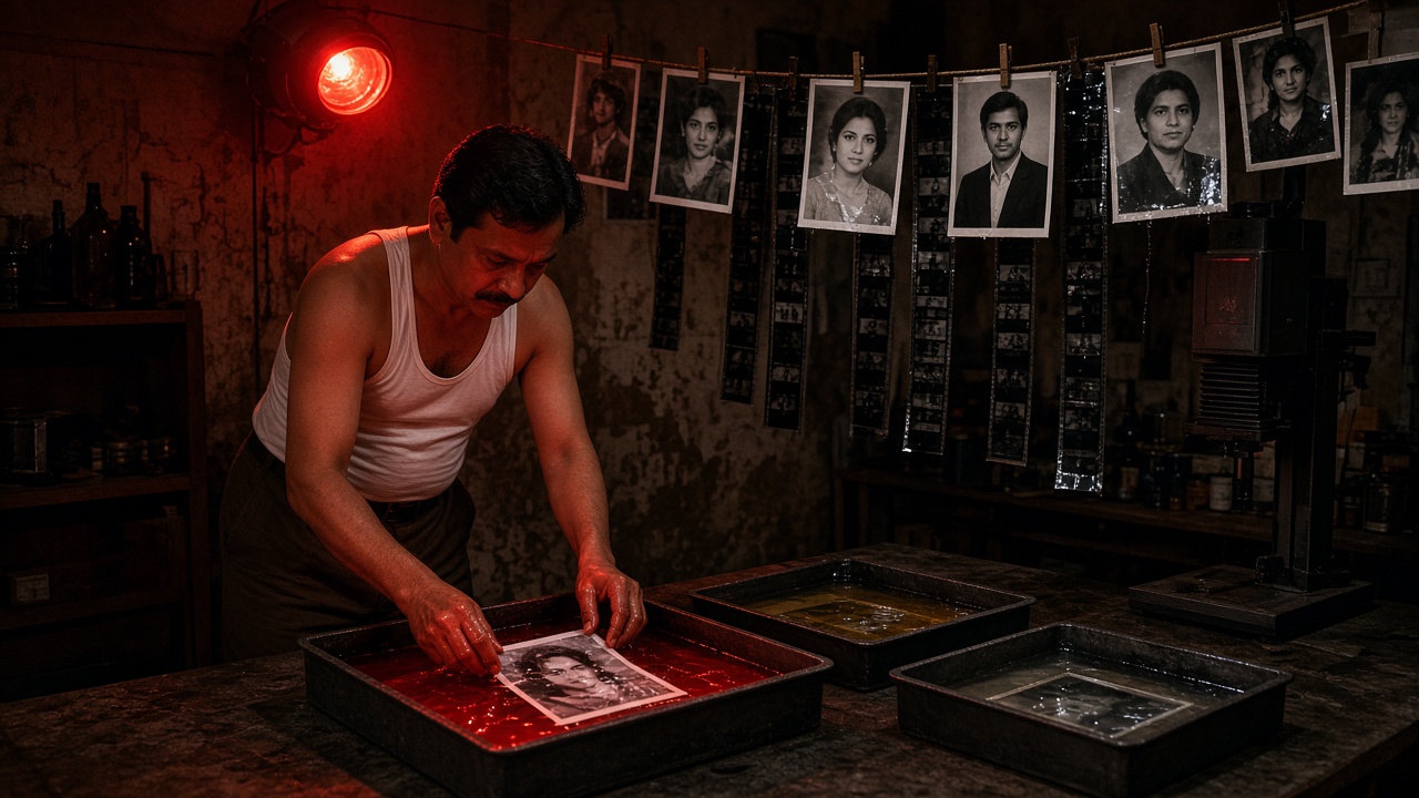 Studio darkroom lit by a red safelight where a photographer in a vest rocks a black-and-white portrait print in a developing tray beside other chemical trays, with wet prints and film negative strips hanging on a line above