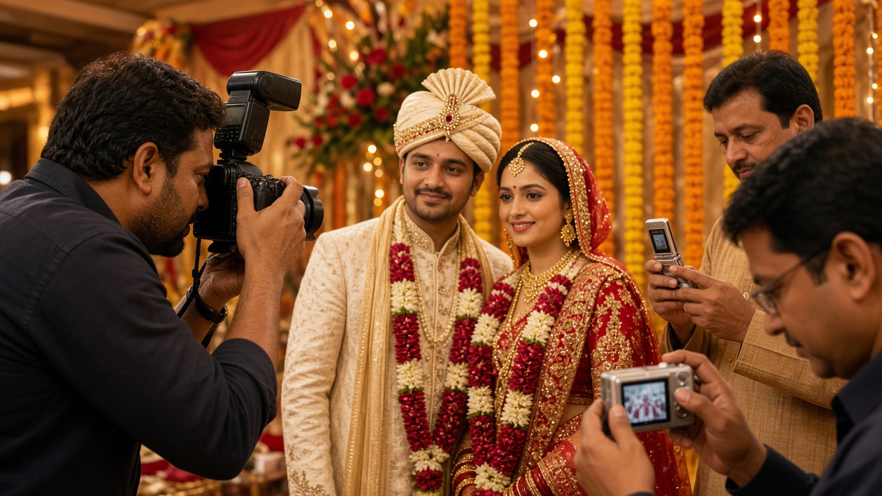Wedding stage with marigold garlands where a photographer with a DSLR and flash photographs a bride and groom in traditional attire, while one guest checks the screen of a silver digital compact camera and an uncle looks at a flip-style camera phone
