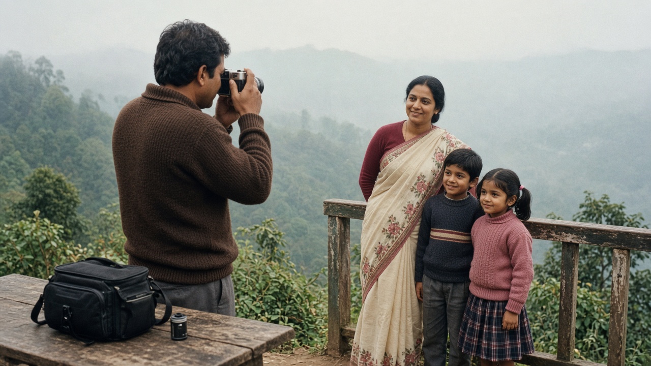 Misty hill-station viewpoint where a father in a brown sweater photographs his wife in a sari and two children in woollens by a wooden railing with a compact film camera, a camera bag and film canister on a bench beside him