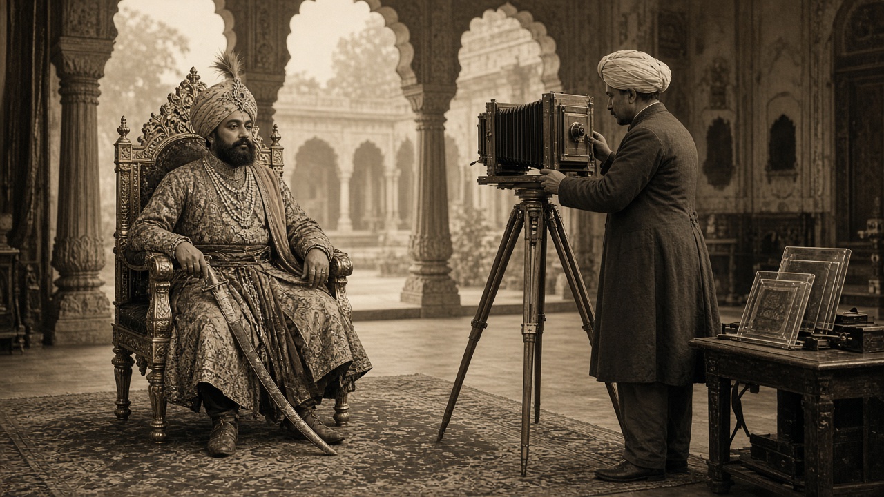 Sepia palace hall with carved arches where a maharaja in brocade robes, jewels, and a plumed turban sits on an ornate chair holding a sword, while a court photographer in a long coat and turban adjusts a wooden bellows camera on a tripod beside a table of glass plates
