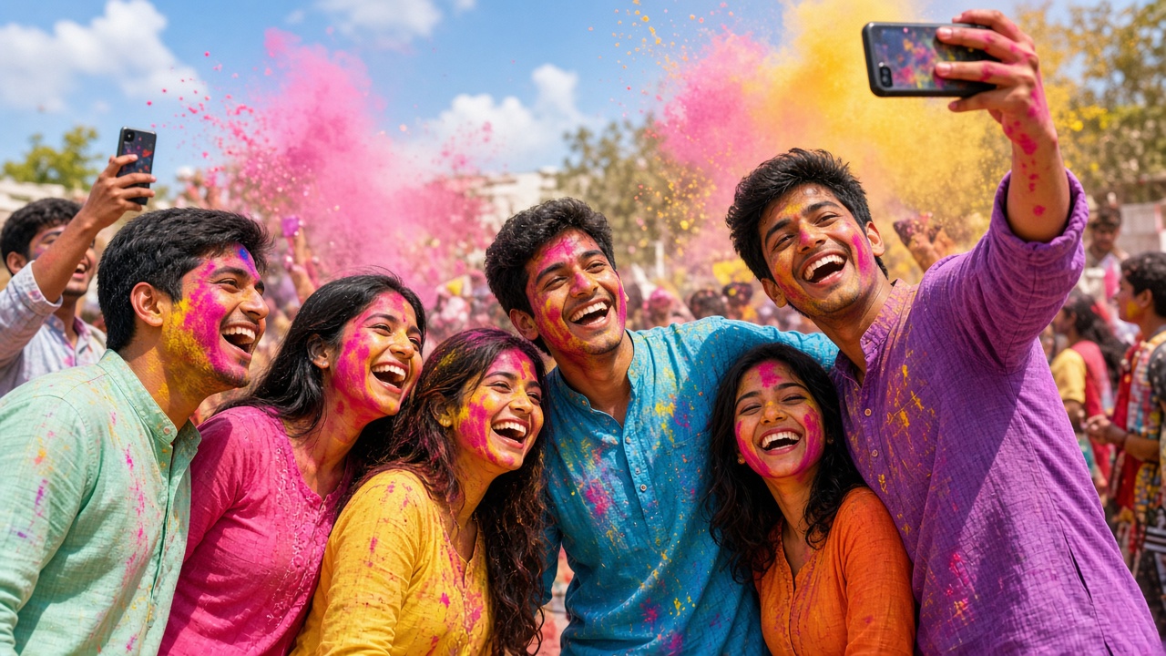 Laughing young friends in colourful kurtas with pink and yellow gulal on their faces taking a group selfie with a raised smartphone during Holi, while another friend photographs them, with clouds of coloured powder in the sunny air