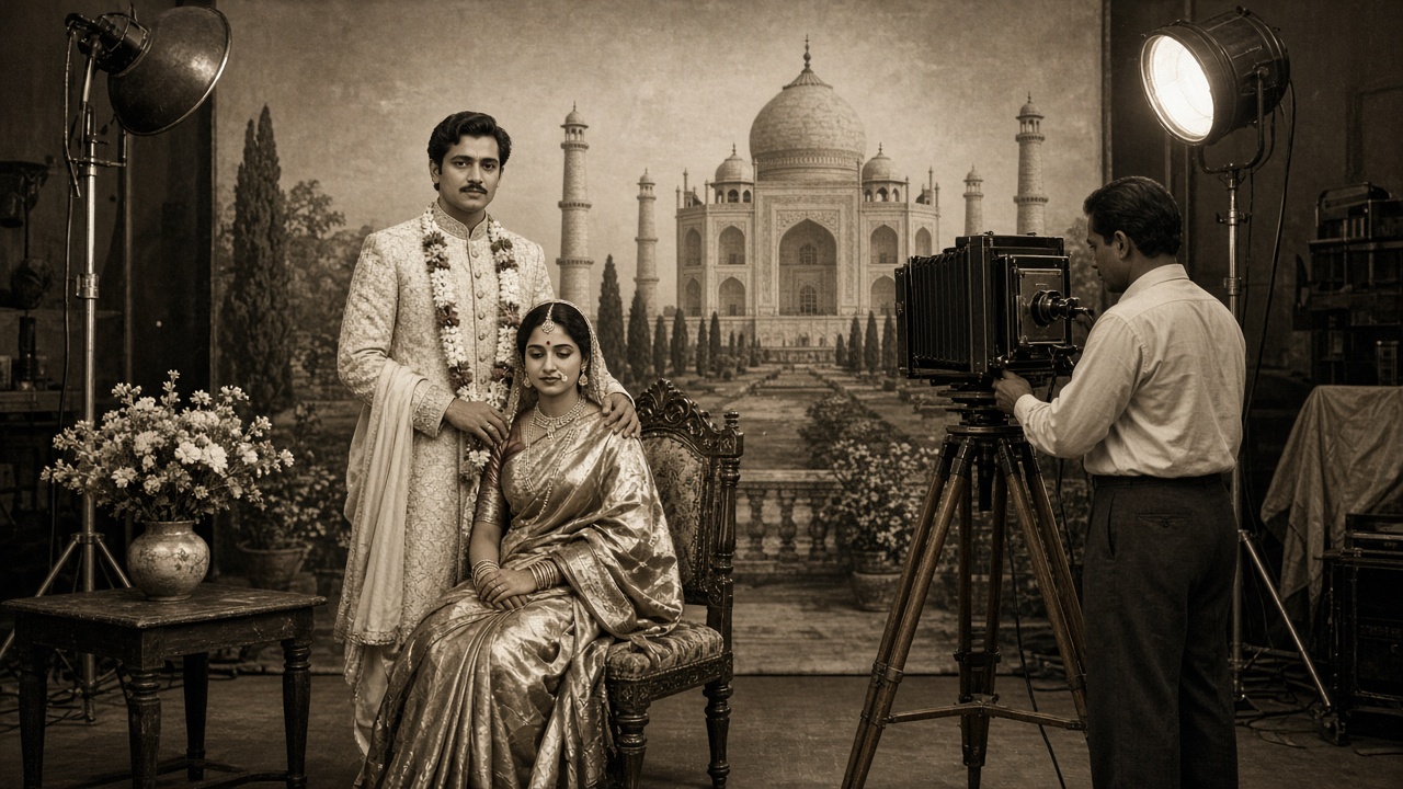 Sepia 1950s photo studio where a groom in a sherwani and garland stands with his hand on the shoulder of his bride in a silk sari seated on a carved chair before a painted Taj Mahal backdrop, as a photographer adjusts a studio camera beside a flower vase and studio lamps