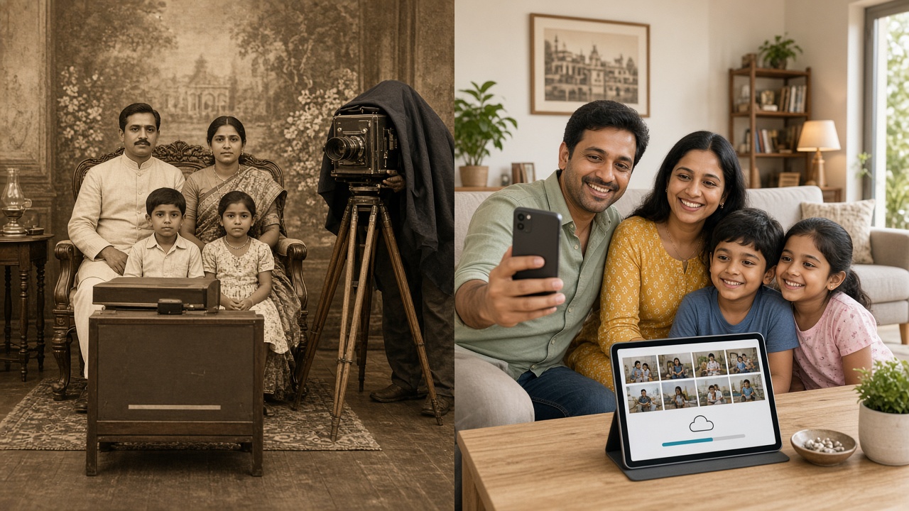 Split image with a family posing formally on a carved chair before a painted garden backdrop as a photographer under a black cloth works a wooden tripod camera on the left, and a smiling family taking a selfie in a modern living room beside a tablet syncing photos to the cloud on the right