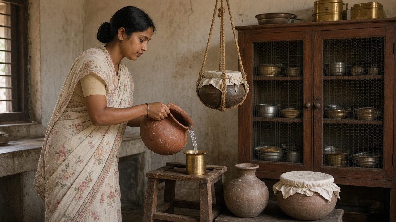 Vintage 1950s kitchen where a woman in a cotton sari pours cool water from a red clay matka into a brass tumbler, beside a clay surahi, a cloth-covered curd pot, a pot hanging in a rope sling, and a wooden cupboard with wire-mesh doors holding bowls