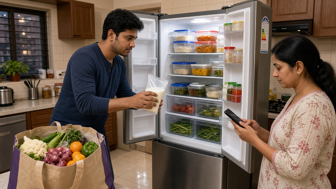 Apartment kitchen where a young man puts a milk pouch into a large double-door stainless-steel refrigerator packed with neat glass and plastic containers and vegetable crispers, beside an online grocery bag of vegetables and fruit, while a woman checks a shopping list on her phone