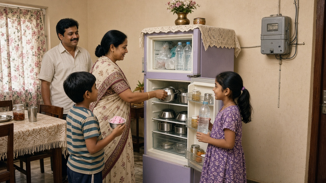 1990s dining area where a proud family opens a new pastel single-door refrigerator with a lace cover and flower vase on top and a grey voltage stabiliser on the wall, the mother arranging covered steel bowls on the shelves while the children hold chilled water bottles and a bowl of ice-cream