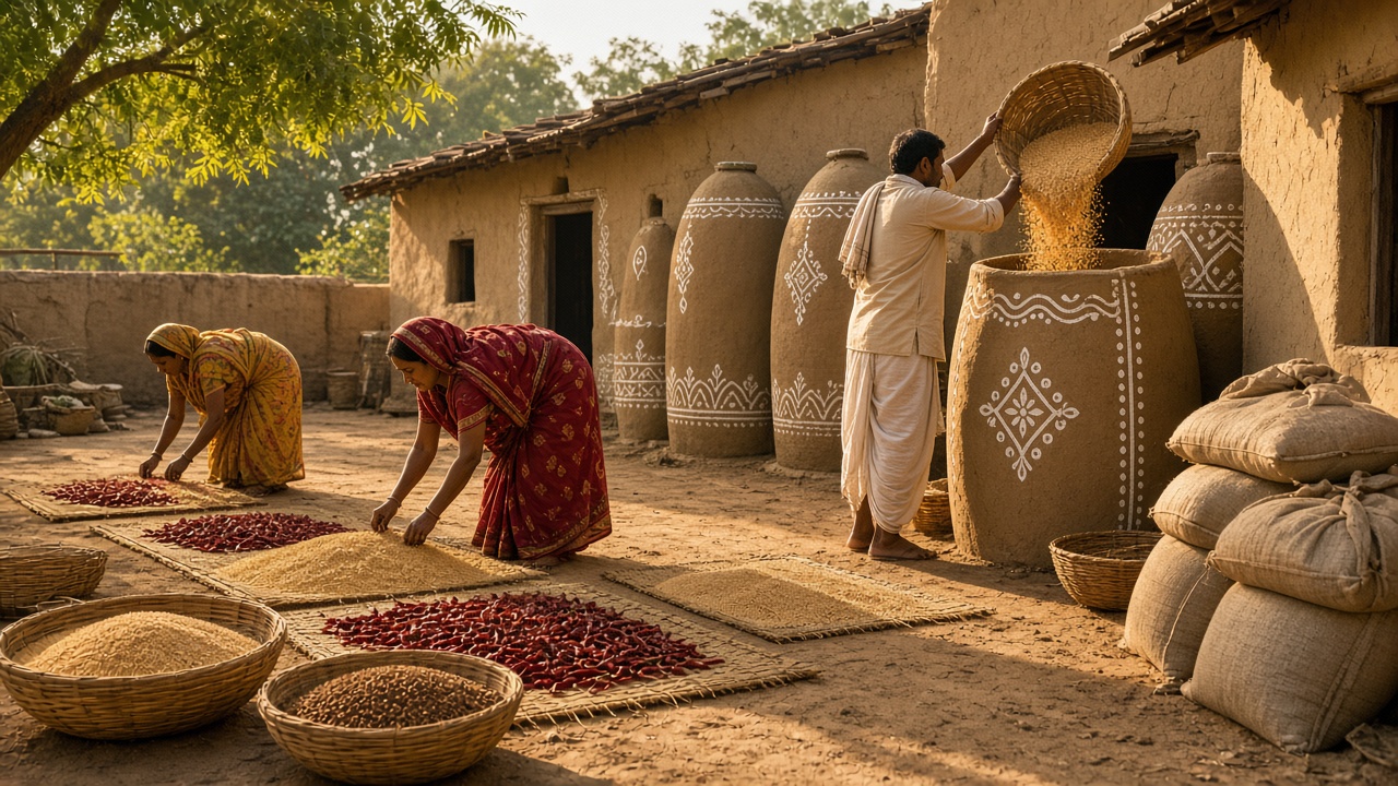 Village courtyard in golden morning light with tall hand-plastered mud grain bins decorated with white motifs, a man pouring grain into one bin from a basket, women in saris spreading red chillies and grains on woven mats to dry, and sacks and bamboo baskets of wheat and pulses nearby