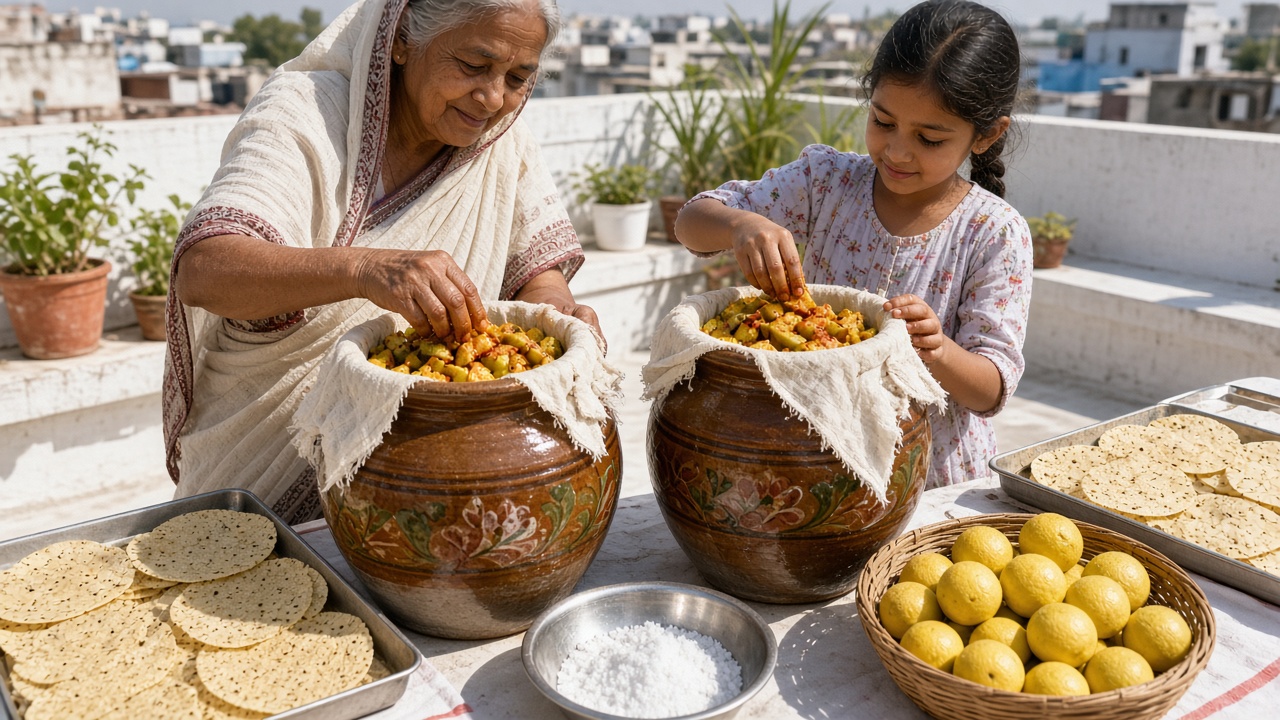 Sunny rooftop terrace where a grandmother in a cotton sari and her granddaughter fill large glazed ceramic jars with raw mango pieces coated in oil and red spices, the jars lined with muslin cloth, beside trays of drying papads, a basket of lemons, and a steel bowl of salt