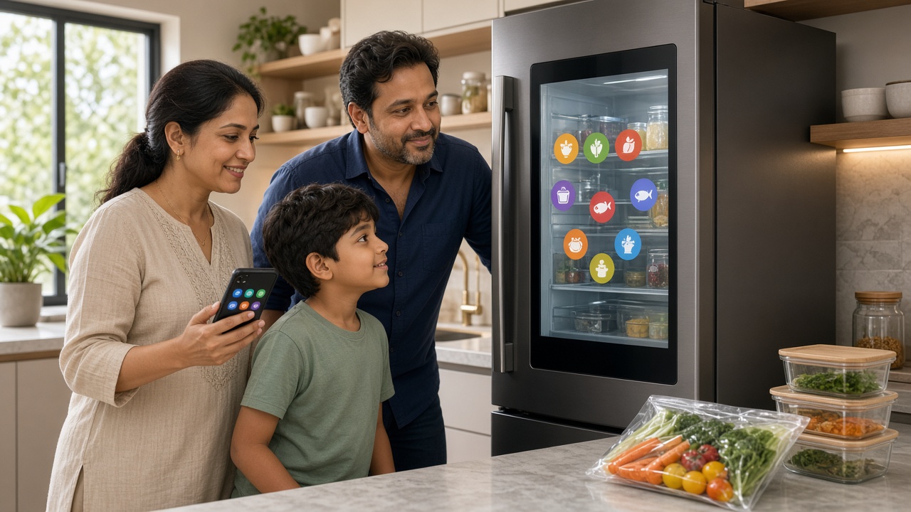 Modern kitchen where a father and his young son look at the large touchscreen door of a side-by-side smart refrigerator showing a view of the shelves and colourful food icons, while the mother holds a smartphone with a matching app, beside a vacuum-sealed pack of vegetables and glass containers