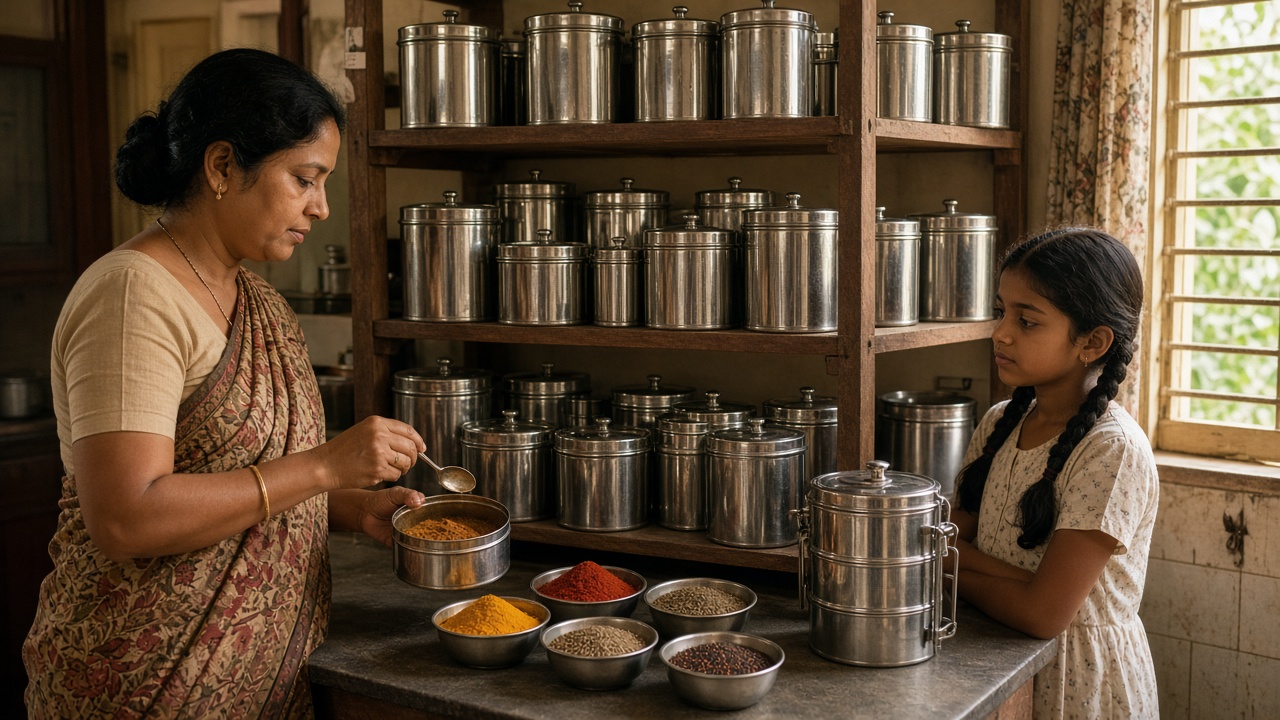 1970s kitchen with wooden shelves lined with rows of gleaming stainless-steel dabbas, a woman in a printed sari spooning spices into a round steel masala box beside bowls of turmeric, chilli, cumin, and mustard seeds, a stacked steel tiffin carrier on the counter, and her daughter watching