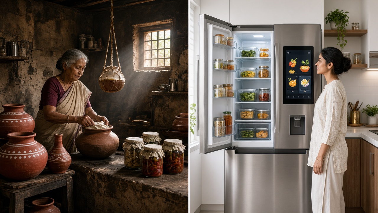 Split image with an elderly woman covering clay pots in a dim mud-walled kitchen with red matkas, cloth-tied pickle jars, and a pot in a hanging rope sling on the left, and a young woman beside an open stainless-steel smart refrigerator with a touchscreen door and neat glass containers on the right