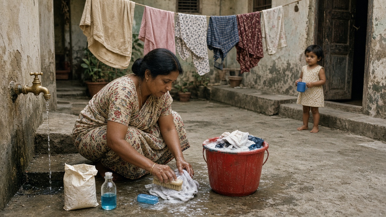 1970s courtyard where a woman in a printed sari squats beside a running brass tap and a red plastic bucket of clothes, scrubbing cloth with a wooden brush, with a blue soap bar, a paper packet of washing powder, and a small bottle of blue whitener nearby, clothes hanging on a line and a small girl holding a plastic mug
