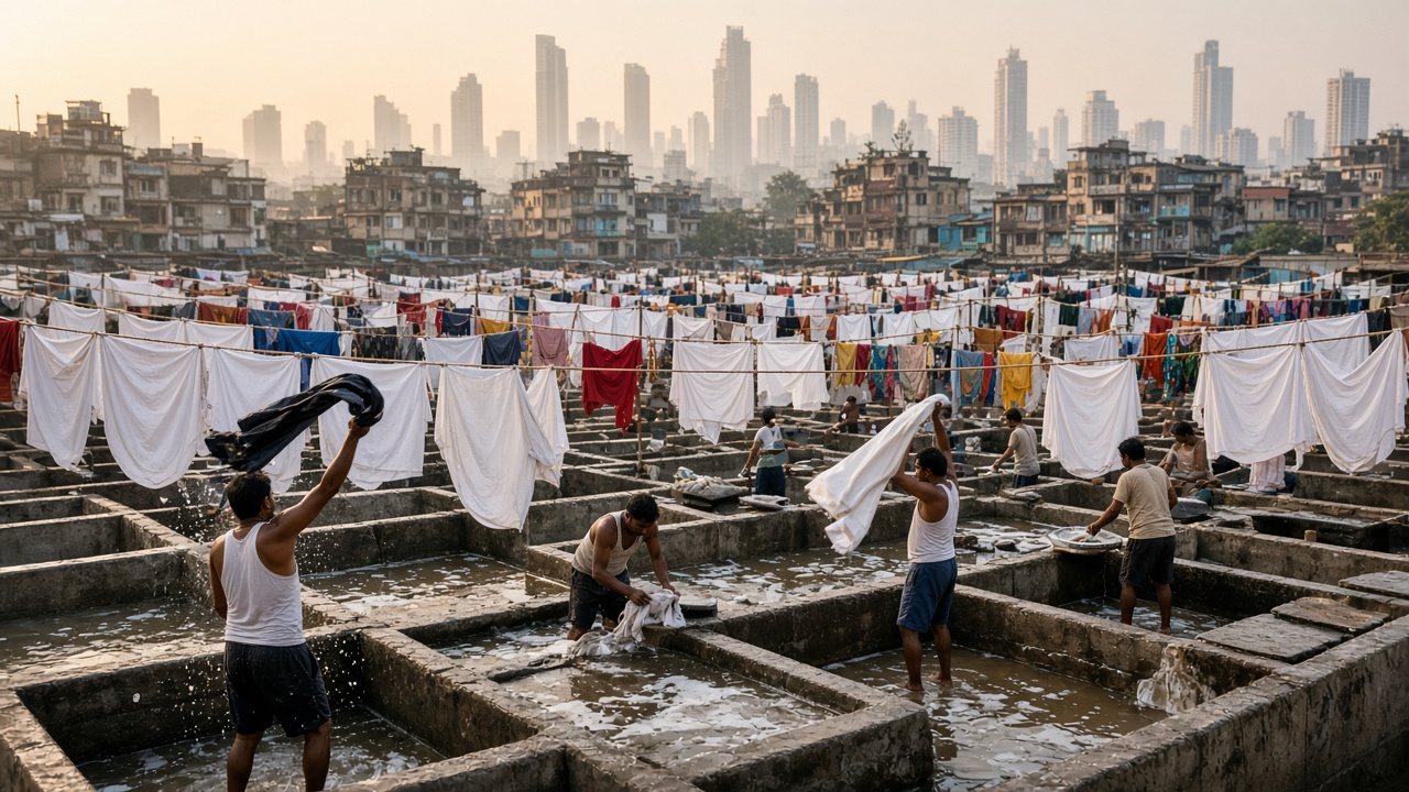 Vast open-air dhobi ghat in Mumbai with rows of concrete washing pens, dhobis in vests swinging wet clothes to beat them on flogging stones, soapy water, hundreds of white sheets and colourful clothes drying on lines, and old buildings and skyscrapers behind