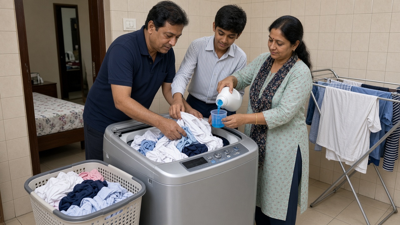 Tiled apartment laundry corner where a father and teenage son load clothes into a silver fully automatic top-loading washing machine with a digital panel, while the mother pours blue liquid detergent into a measuring cap, beside a laundry basket and a steel drying stand hung with clothes
