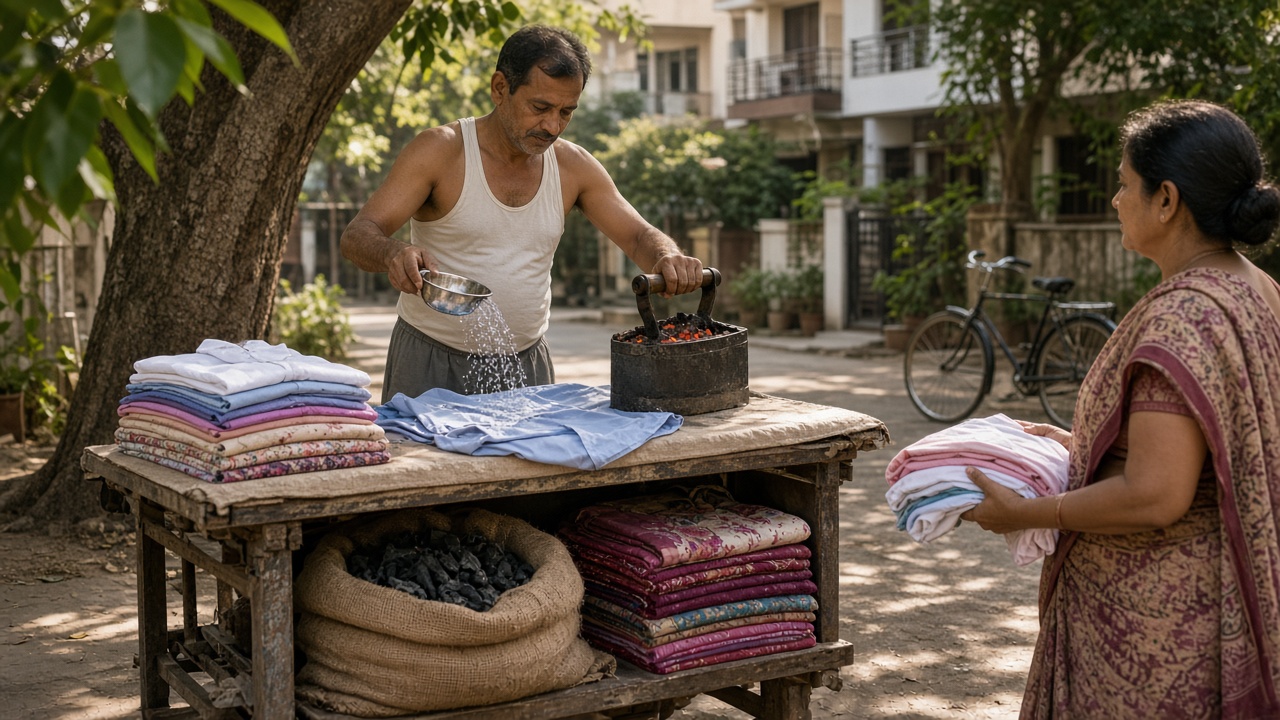 Street ironing cart under a tree in a residential colony where an istriwala in a vest sprinkles water from a steel bowl onto a blue shirt beside a heavy black box iron filled with glowing charcoal, with stacks of pressed shirts and saris, a sack of charcoal under the cart, a bicycle nearby, and a woman handing him a bundle of clothes