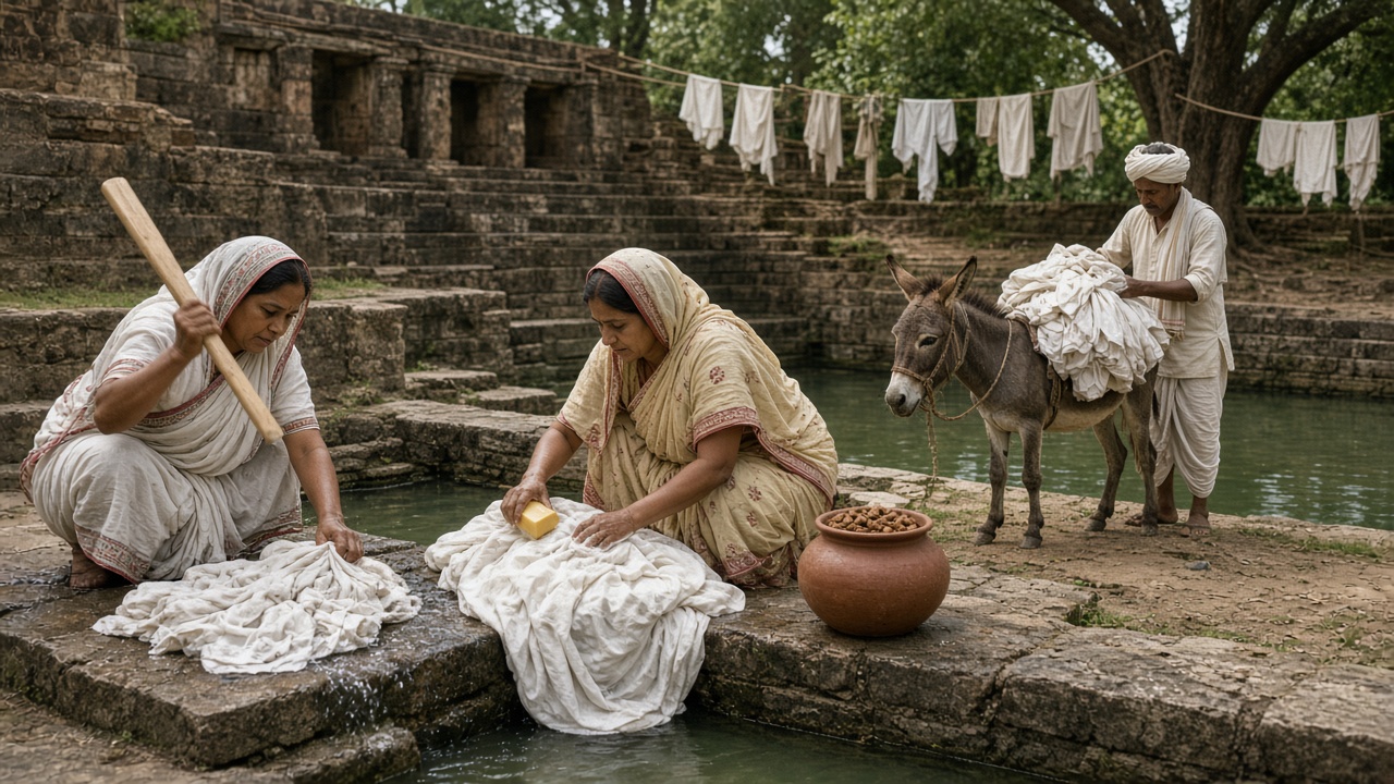 1950s stepwell pond where one village woman beats a wet sari with a wooden bat on a stone slab and another rubs a yellow bar of soap on white cloth beside a clay pot of soapnuts, while a turbaned dhobi loads a bundle of washed clothes onto a donkey and white clothes dry on ropes between trees