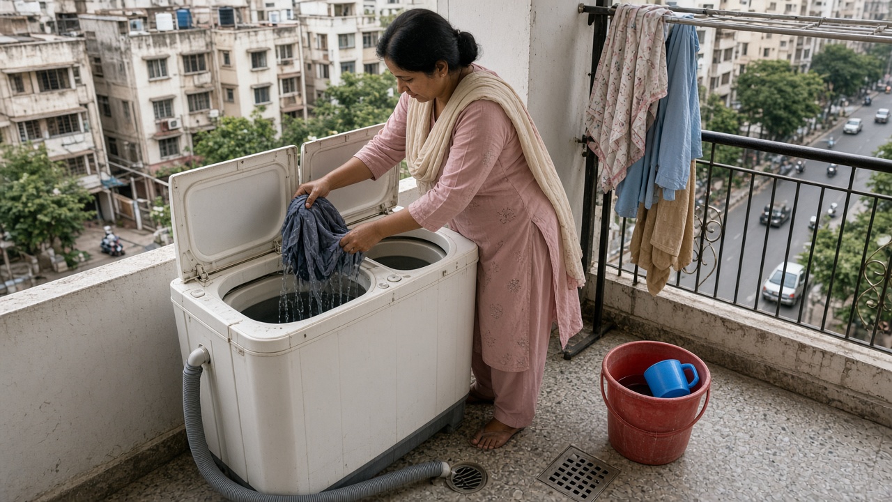 1990s apartment balcony where a woman in a pink salwar kameez lifts dripping clothes out of the wash tub of a white twin-tub semi-automatic washing machine with both lids open, a grey drain hose running to a floor drain, a red bucket and blue mug nearby, clothes on a balcony rack, and a busy street below