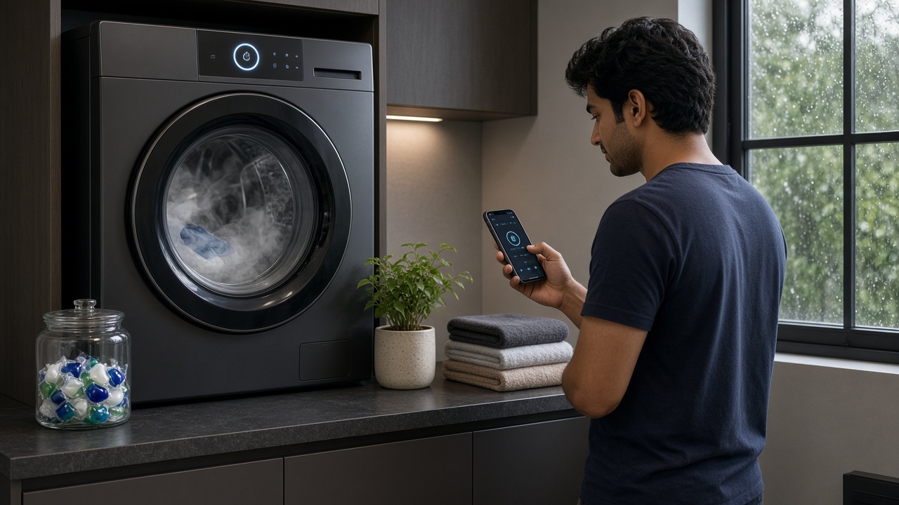 Modern utility room with a dark front-loading smart washer-dryer glowing with a touch panel and steam swirling behind its glass door, a young man checking a phone app, a glass jar of detergent pods, folded towels, a plant, and rain on the window