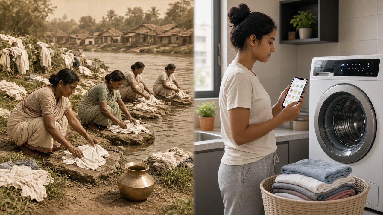 Split image with village women in cotton saris washing clothes on flat stones at a riverbank beside a brass pot, with washed clothes drying on the grass on the left, and a young woman checking a phone app beside a front-loading washing machine with a basket of folded towels on the right