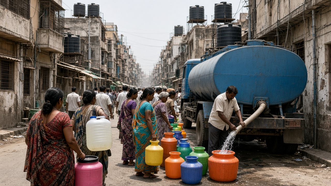 Crowded city lane in summer where residents queue with colourful plastic pots and cans beside a blue water tanker truck while a man fills pots from a hose, with black water tanks on the rooftops of old apartment buildings