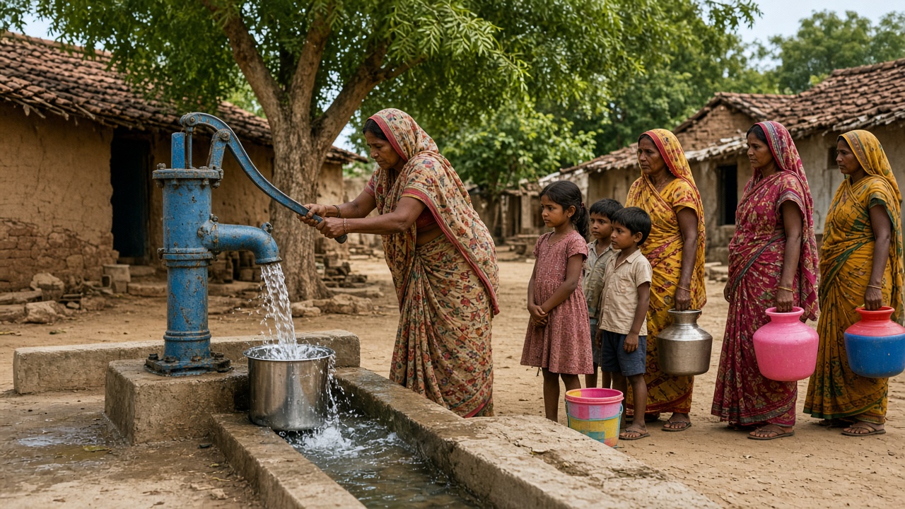 Village scene where a woman in a printed sari works the long handle of a blue cast-iron hand pump on a concrete platform, filling a steel pot, while children and women wait in line with pink, blue, and steel pots under a neem tree