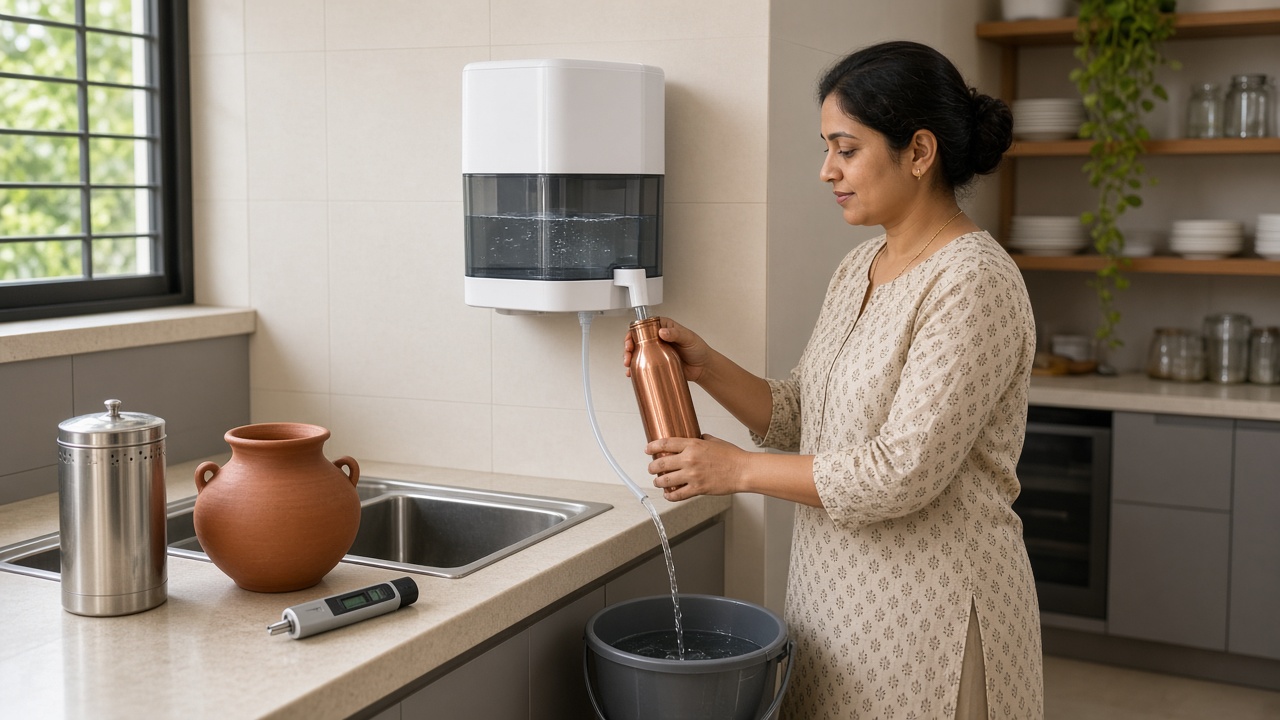 Modern Indian kitchen where a woman fills a copper bottle from a wall-mounted RO water purifier with a clear tank, a steel candle-filter pot, a clay matka, and a TDS meter on the counter, and a bucket collecting reject water from the purifier’s drain pipe