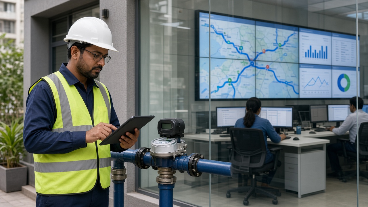 Municipal engineer in a white hard hat and safety vest reading a digital smart water meter on a blue pipe with a tablet, in front of a glass-walled control room with large screens showing pipeline maps and graphs and operators at desks